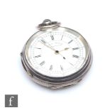 A hallmarked silver open faced, key wind chronograph pocket watch, Roman numerals to a white