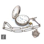A continental silver full hunter crown wind pocket watch, Roman numerals to a white enamelled