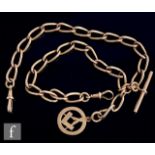 An early 20th Century 9ct rose gold uniform open curb link double Albert chain, weight 57.7g, length