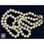 A double row of cultured pearls, each diameter approximately 10mm and individually knotted, length