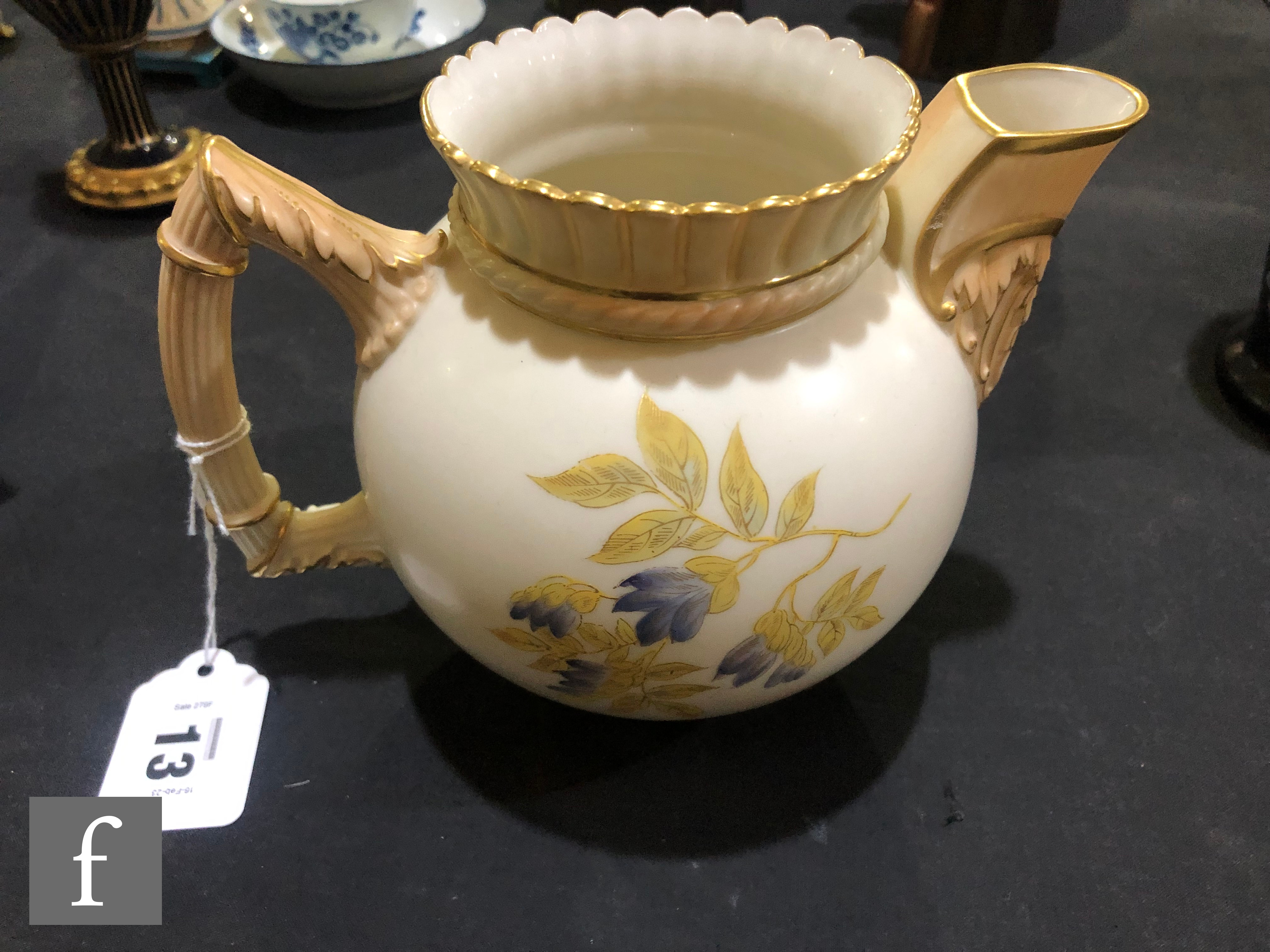 A Royal Worcester shape 1382 blush ivory jug decorated with violets and foliage, the spout and - Image 5 of 6