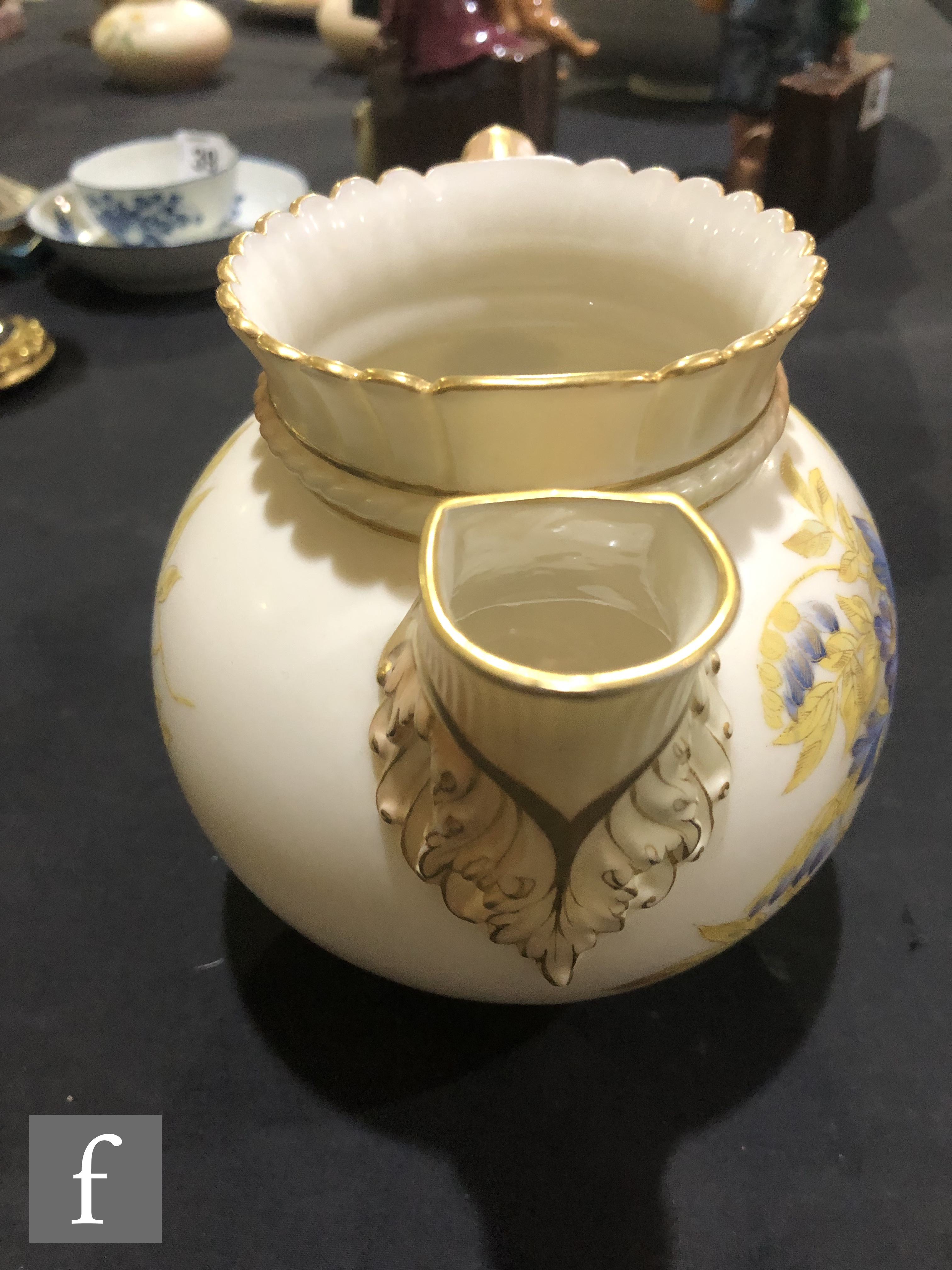 A Royal Worcester shape 1382 blush ivory jug decorated with violets and foliage, the spout and - Image 3 of 6