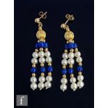 A pair of 9ct hallmarked lapis lazuli and cultured pearl drop earrings, total weight 5.8g, length