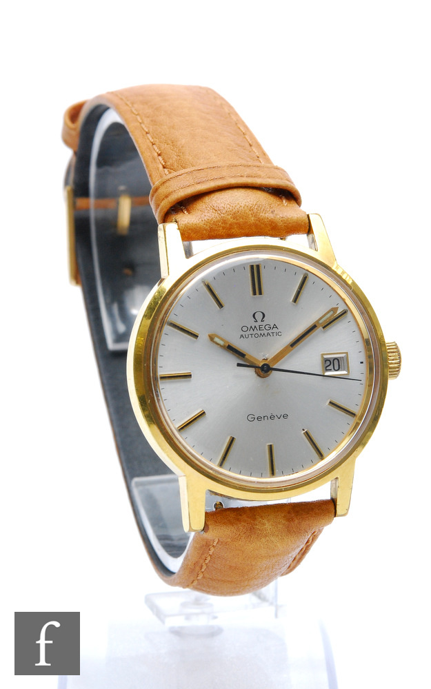 A gentleman's gold plated Omega automatic Geneve wrist watch, batons and date facility to a silvered