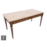 A late 20th Century walnut veneered coffee table in the French taste, with rectangular pink marble