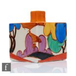 A Clarice Cliff shape 458 square inkwell circa 1930, hand painted in the Blue Autumn pattern with