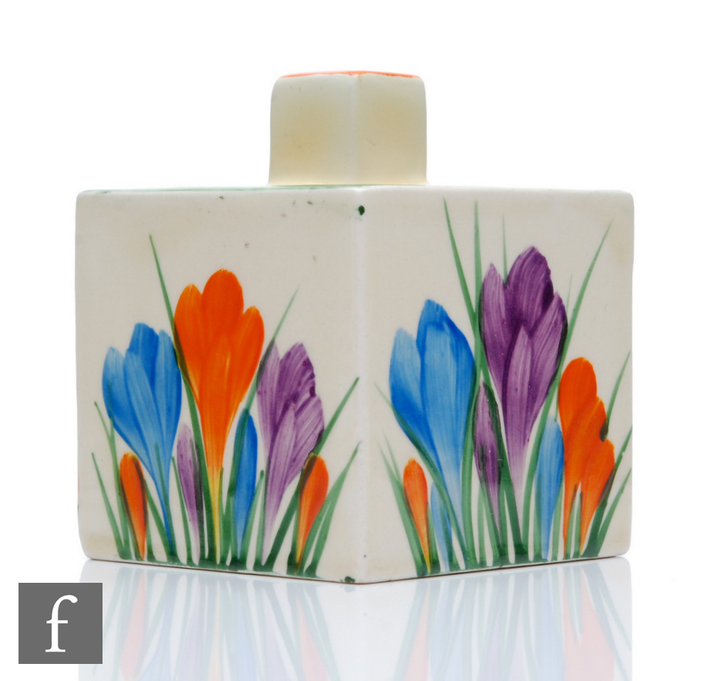 A Clarice Cliff shape 458 square inkwell circa 1930, hand painted in the Crocus pattern with