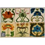 Unknown - Six late 19th to early 20th Century 6 inch tiles, each decorated with an Art Nouveau