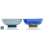 Ruskin Pottery - Two crystalline glaze footed bowls, the first decorated in a pale blue green with