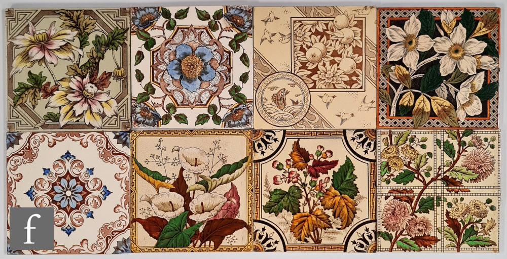 Various - Eight late 19th Century 6 inch printed and tinted dust pressed tiles decorated with floral