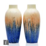 Ruskin Pottery - Two crystalline glaze vases, both decorated in a yellow to orange to blue glaze
