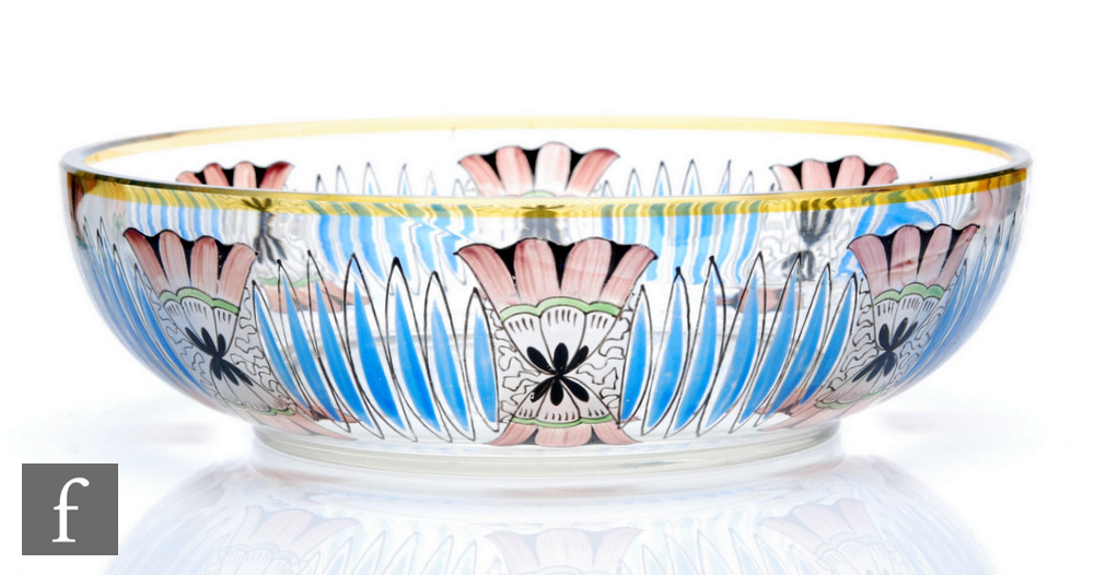 Haida - An early 20th Century glass bowl of circular section, hand enamel decorated with a band of
