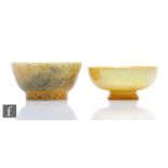 Ruskin Pottery - Two miniature footed bowls, the first glazed in yellow lustre, dated 1914, diameter