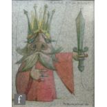 R B Jackson (Contemporary) - Player King Puppet, watercolour illustration, signed, framed, 13.5cm