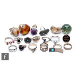 Unknown - Nineteen assorted post war and later rings to include Scandinavian examples, amber set,