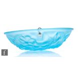 Degue - A 1930s French Art Deco blue frosted glass ceiling light shade, decorated with stylised