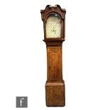 A 19th Century oak and mahogany crossbanded longcase clock, eight day striking movement, the painted