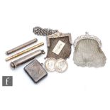 A small parcel lot of silver and white metal items to include a Sampson & Mordan retractable pen/