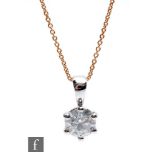 A diamond solitaire pendant, brilliant cut stone, weight 1.29ct, colour J, clarity I1, claw set