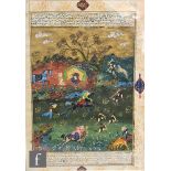 A pair of Mughal/Rajasthan paintings, each depicting warriors on horseback amidst Arcadian