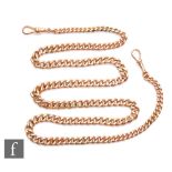 A 9ct rose gold graduated single Albert chain, weight 74.5g, length 68cm, terminating in end