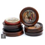 Seven assorted 19th Century framed Staffordshire pot lids comprising War, The Village Wedding, The