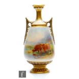 A large early 20th Century Royal Worcester twin handled shape 2425 vase panel decorated by Stinton