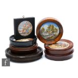 Seven assorted 19th Century framed Staffordshire pot lids comprising The Dentist, Peace, The