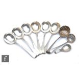A set of six plain dessert spoons, London 1922, two sifter spoons and a caddy spoon Birmingham 1805,