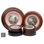 Six assorted 19th Century framed Staffordshire pot lids comprising Hide and Seek, Transplanting