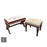 A 19th Century carved mahogany dressing stool with cross framed end supports united by a turned