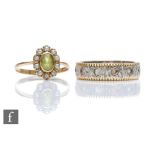 A 9ct peridot and seed pearl cluster ring with a 9ct white gold paste set eternity ring, total