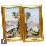 Two framed tile panels, each hand painted with a view of the Lake District, titled Ulleswater and