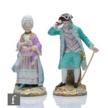 A pair of 19th Century Meissen figures modelled as the Racegoer and his companion, he dressed in a