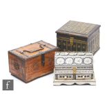 A 20th Century Indian brass mounted square wooden box, a white painted casket fitted with two