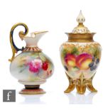 Two pieces of Royal Worcester comprising a Fallen Fruits shape H277 vase and cover panel decorated