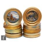 Eight 19th Century Staffordshire pot lids comprising two The Village Wedding, The Wolf and The Lamb,