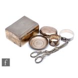 A small parcel lot of assorted hallmarked silver and plated items to include, a cigarette box,