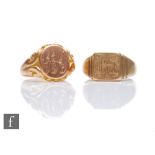 Two 9ct signet rings, total weight 16g, each with engraved initials.