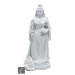 A large late 19th Century parian figure of Queen Victoria holding an orb and sceptre, impressed