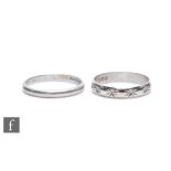 Two platinum wedding rings, one plain the other patterned, total weight 7.7g. (2)