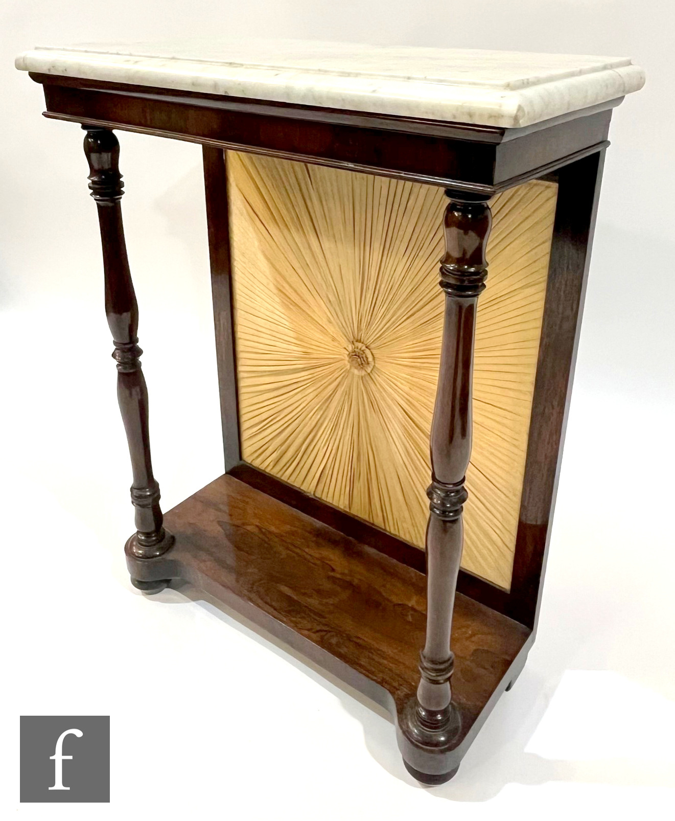A 19th Century rosewood veneered pier or console table, the white marble top over a plain apron