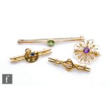 Four early 20th Century 9ct bar stone set brooches to include diamond set examples, total weight