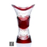 A mid 20th Century continental glass vase, of waisted form flash cut with two wavy bands of random