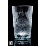 A Stevens and Williams Royal Brierley glass tumbler, of cylinder form with engraved water lily and