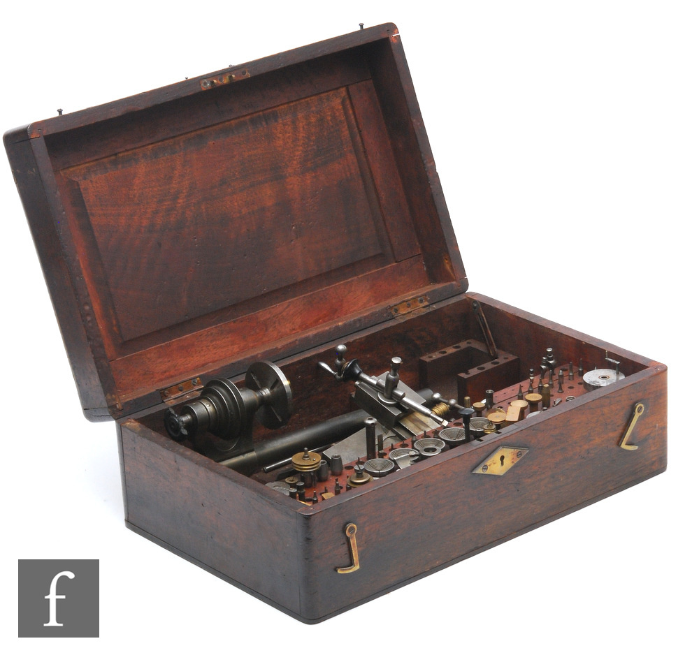 A 20th Century Lorch lathe with collets and accessories in a fitted mahogany box, width 38cm.