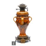 A 19th Century Linthorpe oil lamp, the shape 652 body attributed in design to Christopher Dresser,