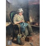 EDUARD SCHALBROEK (DUTCH, 1853-1935) - A woman sewing before a fireside, oil on canvas, signed,