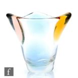 A post war Mstisov Rhapsody range vase with lobed body and triform rim with colour spots in blue,