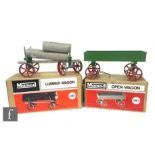 Two Mamod wagons, OW1 Open Wagon and LW1 Lumber Wagon, both boxed. (2)